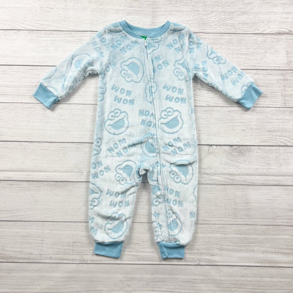 Sesame Street Cookie Monster Fleece Pajama Romper Zip Up One Piece 2T